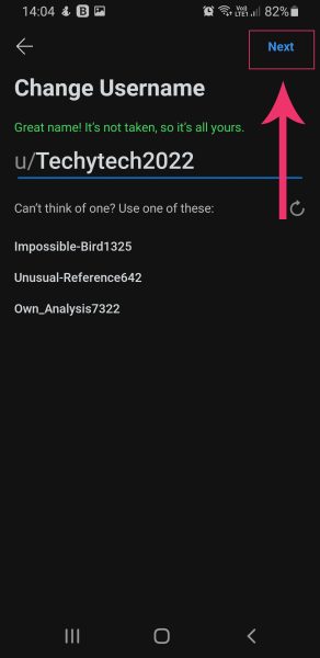 Next button on Change username