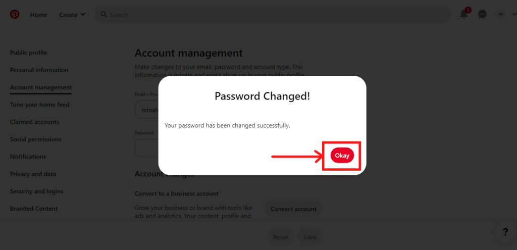 Password change message
