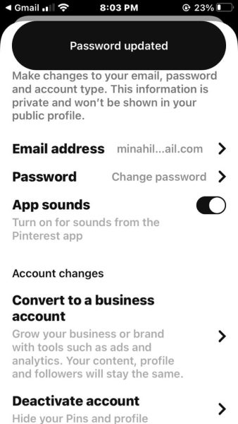 Password updated message