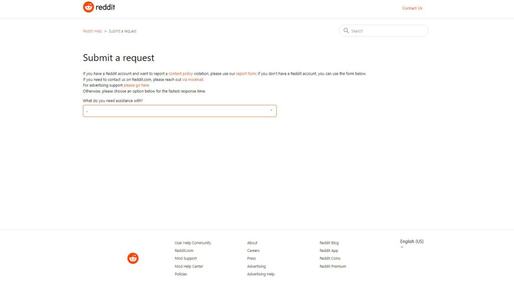 Reddit Help Request form