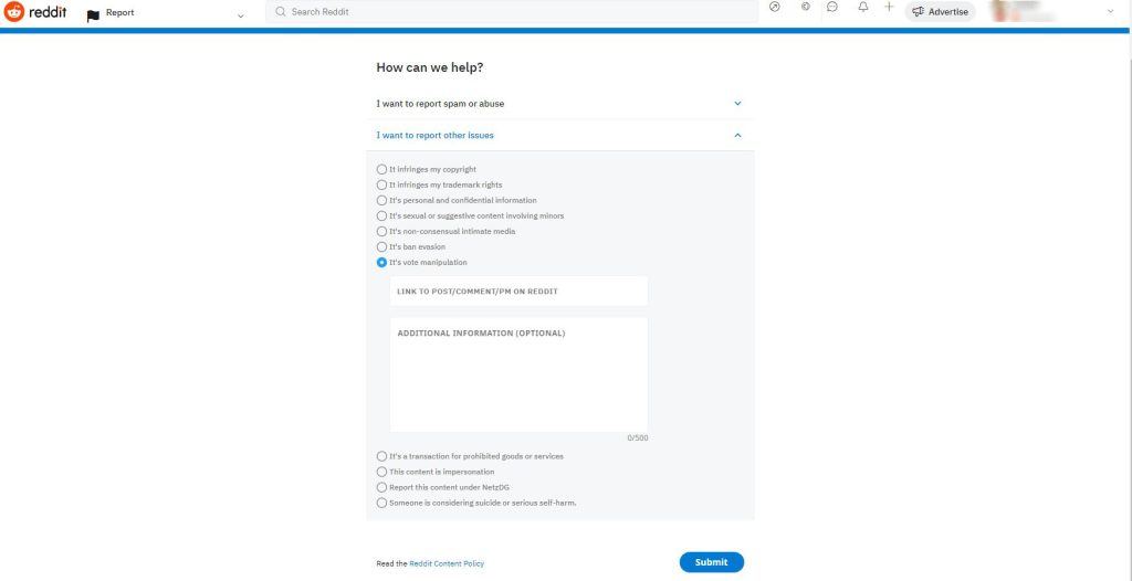 Reddit Report page details