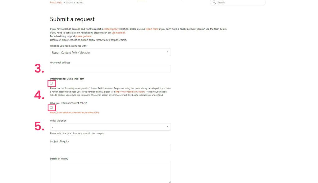 Reddit request form details