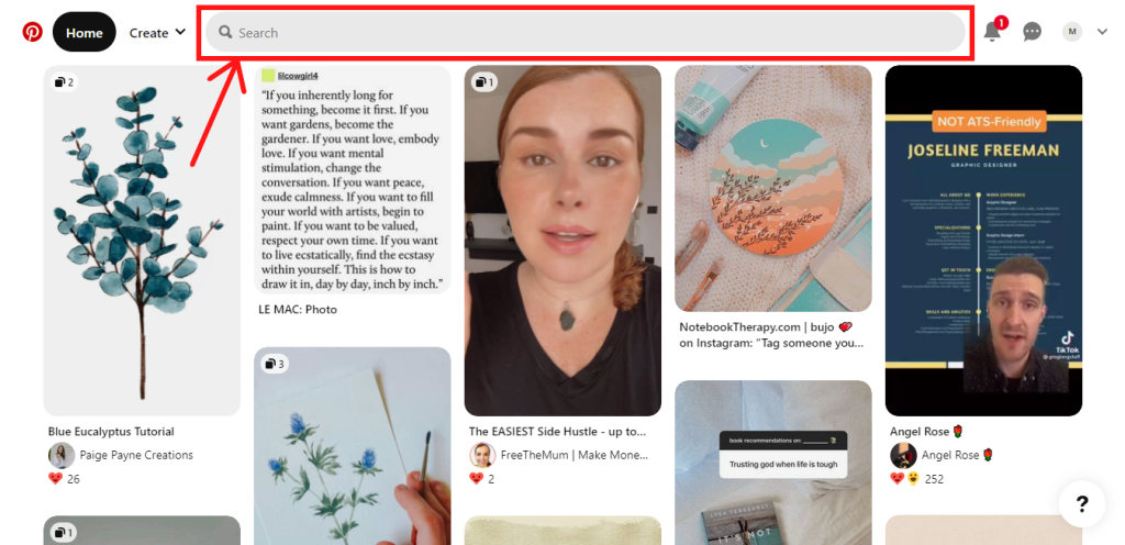Search bar on the Pinterest homepage