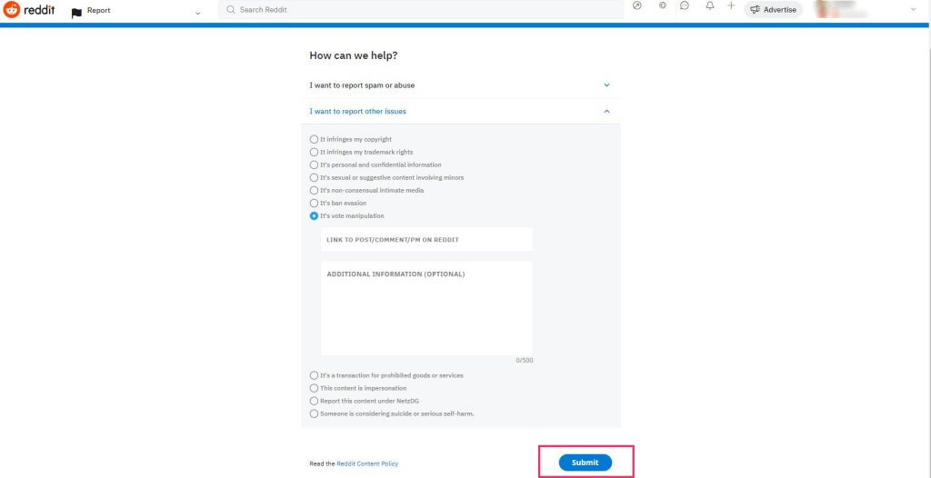 Submit button on reddit Report page
