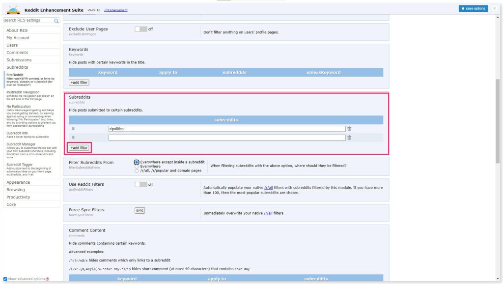 Subreddits section in the extension