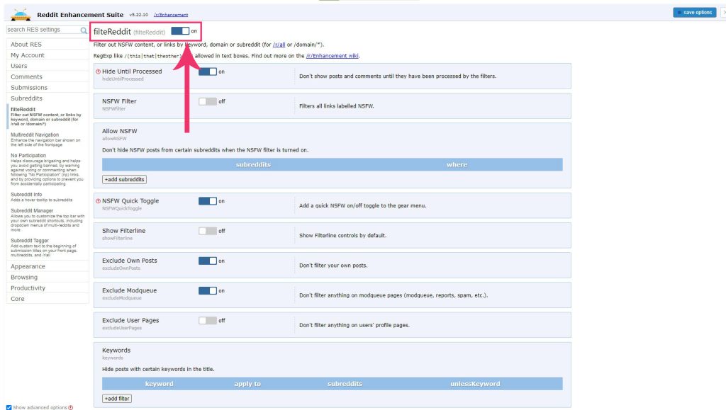 filteReddit toggle