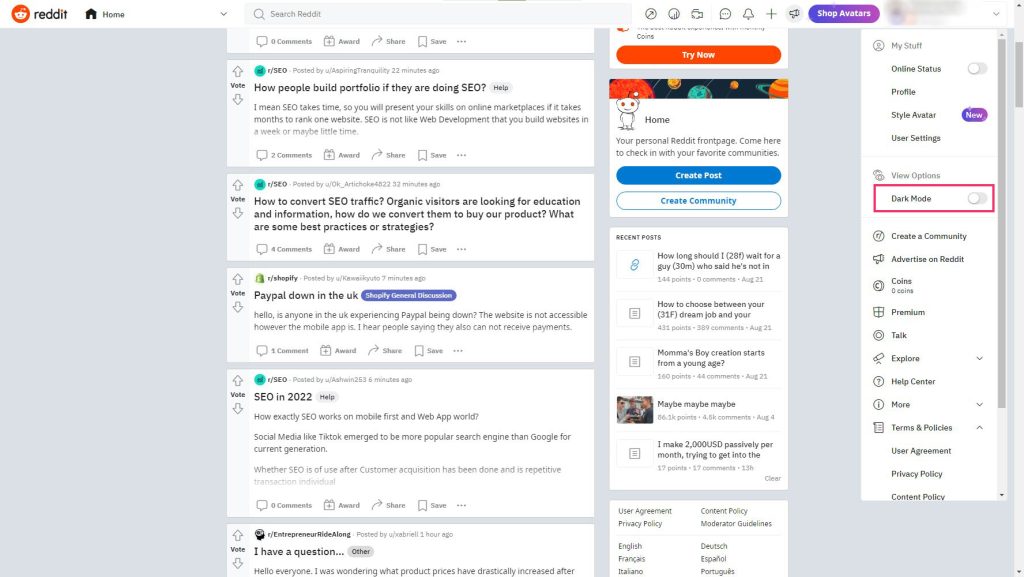 Dark mode on desktop