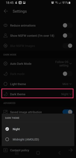 Dark theme modes