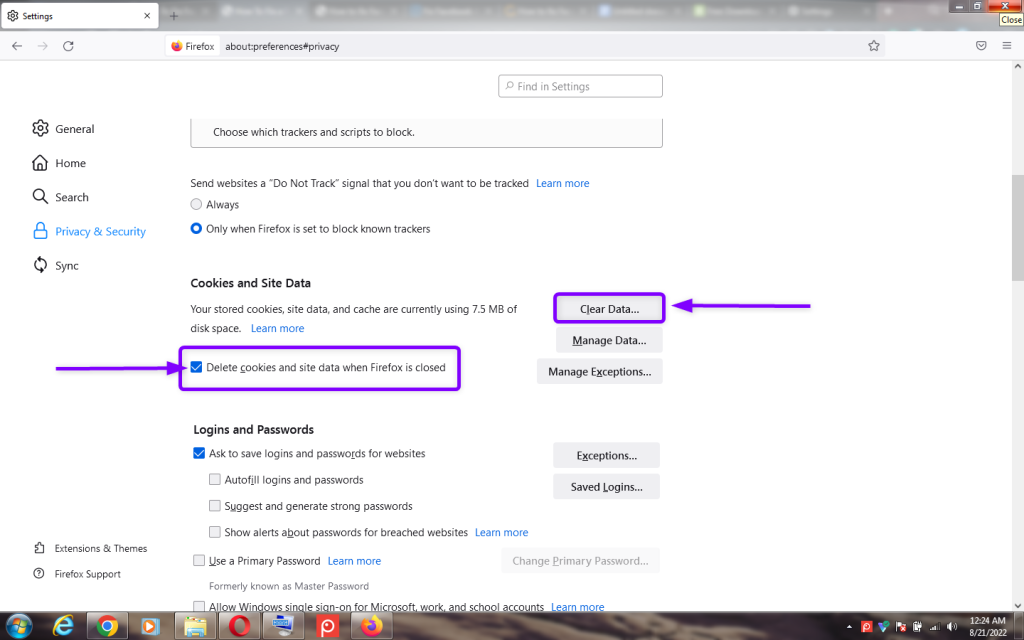 Delete cookies and site data