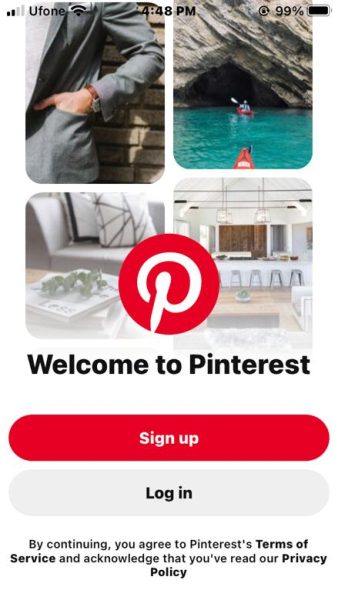Pinterest app log in