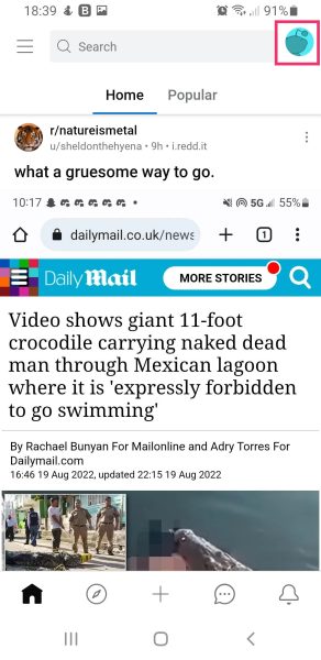 Reddit profile icon on app