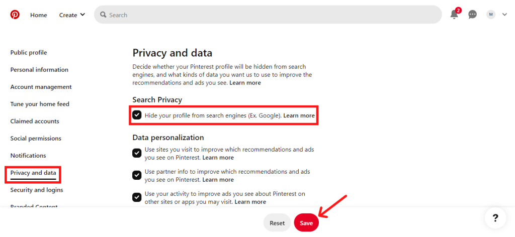 Save privacy settings