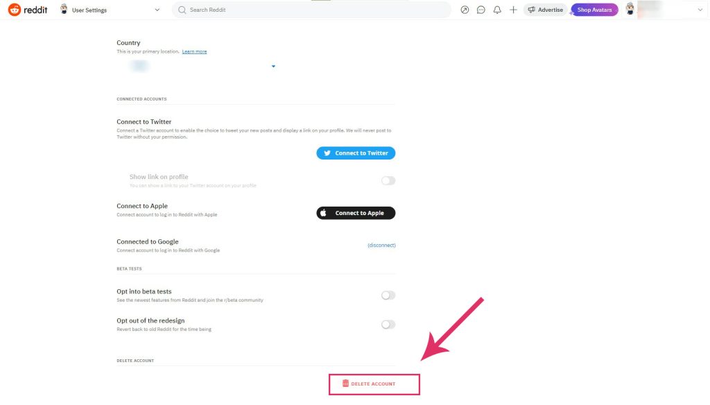 Delete Account in User Settings