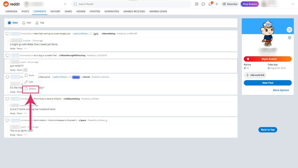 Delete option in the dropdown