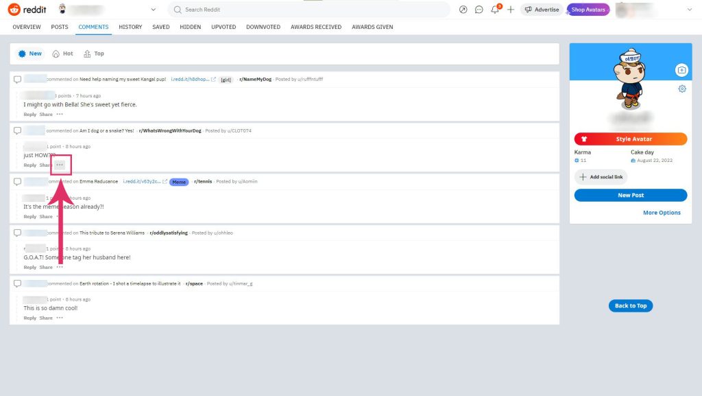 Ellipsis icon in Comments tab