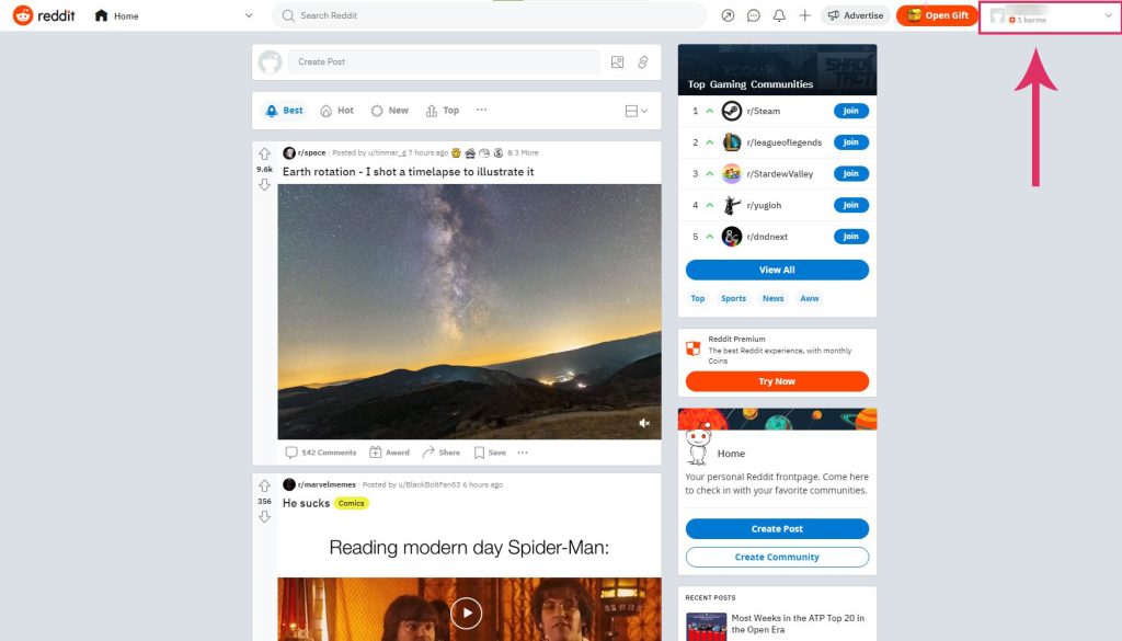 Profile icon on Reddit home