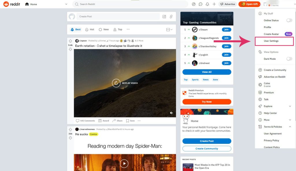 User Settings on homepage